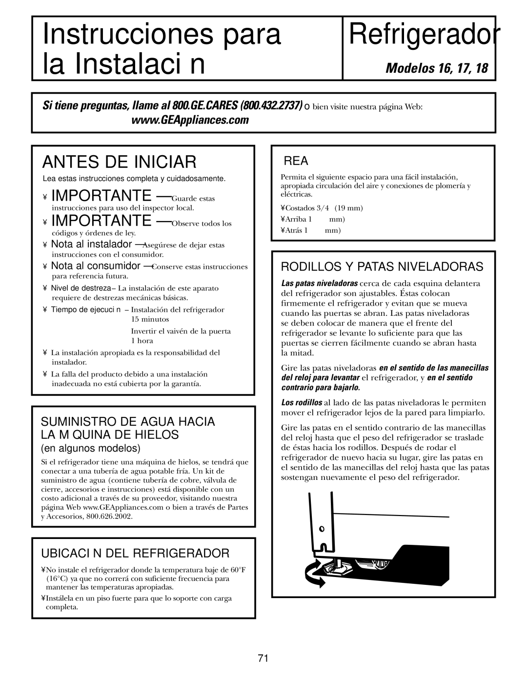 GE 16, 17, 18 Antes DE Iniciar, Suministro DE Agua Hacia LA Máquina DE Hielos, Ubicación DEL Refrigerador, Área 