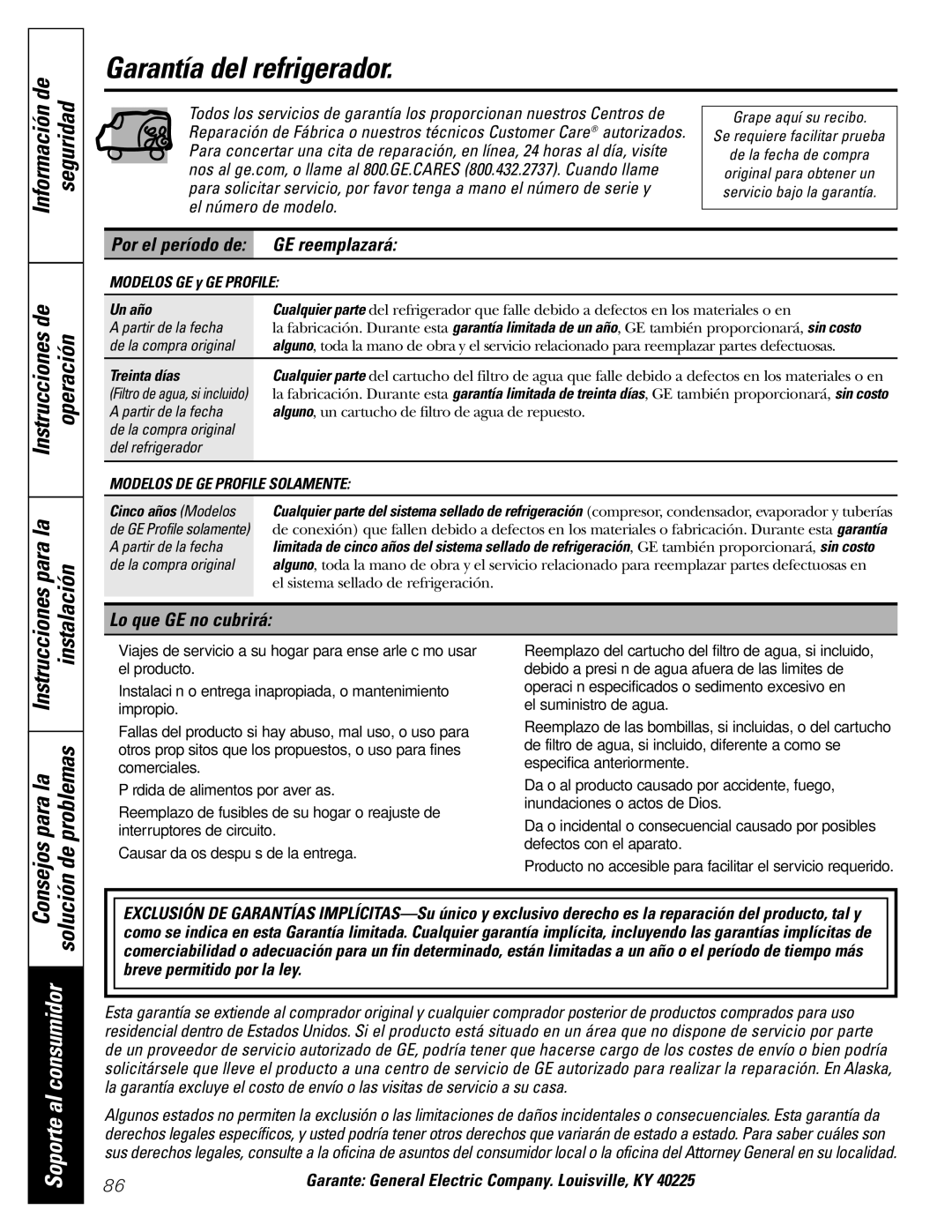 GE 16, 17, 18 operating instructions Instrucciones Para la Problemas, Por el período de GE reemplazará 