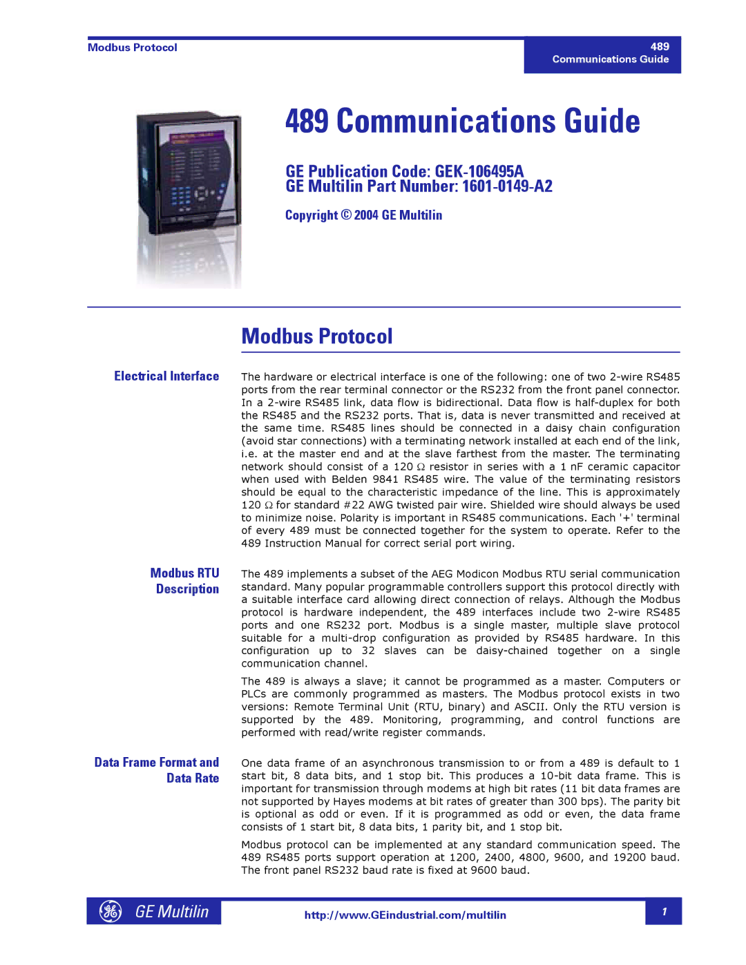 GE 1601-0149-A2 manual Copyright 2004 GE Multilin, Electrical Interface Modbus RTU Description 