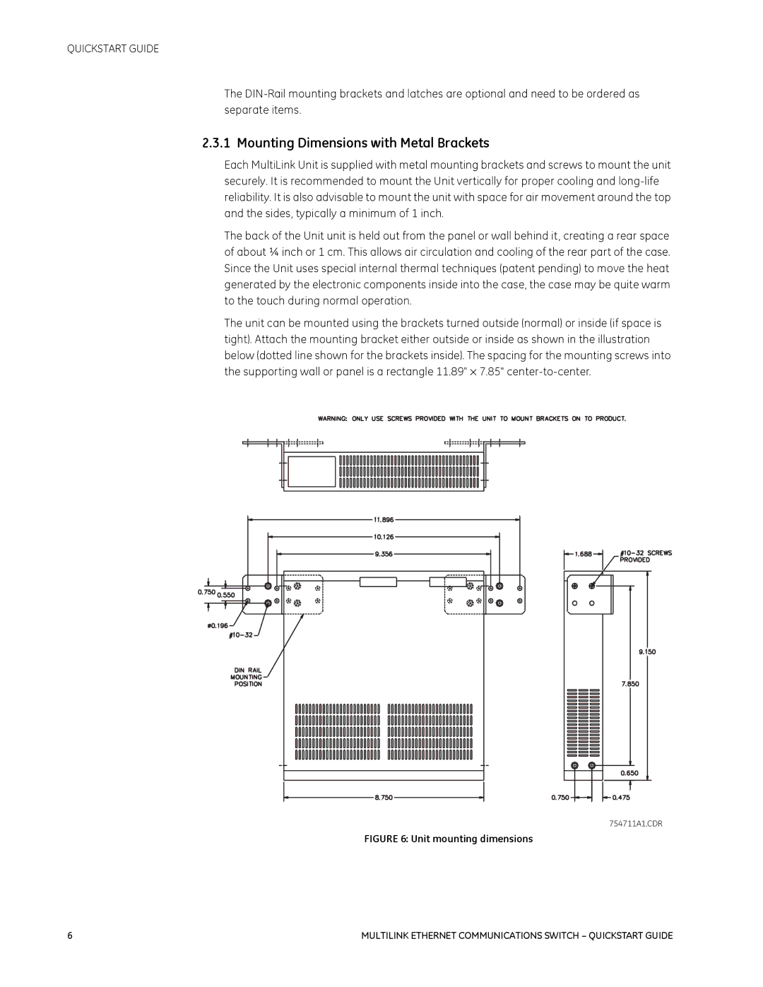 GE 1601-9026-A3 quick start Mounting Dimensions with Metal Brackets, Unit mounting dimensions 