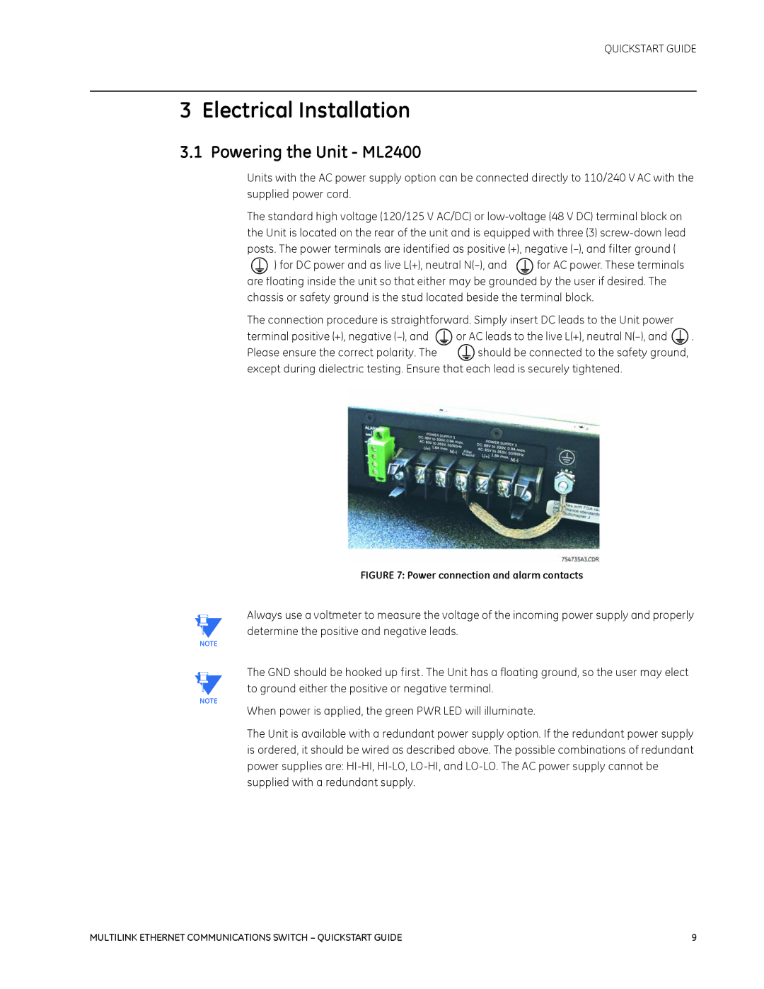 GE 1601-9026-A3 quick start Electrical Installation, Powering the Unit ML2400 