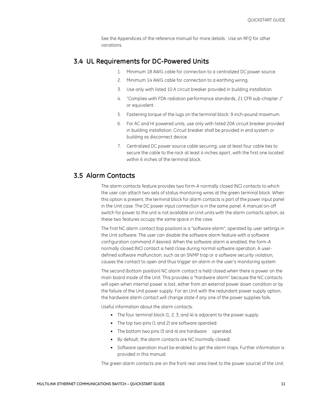 GE 1601-9026-A3 quick start UL Requirements for DC-Powered Units, Alarm Contacts 