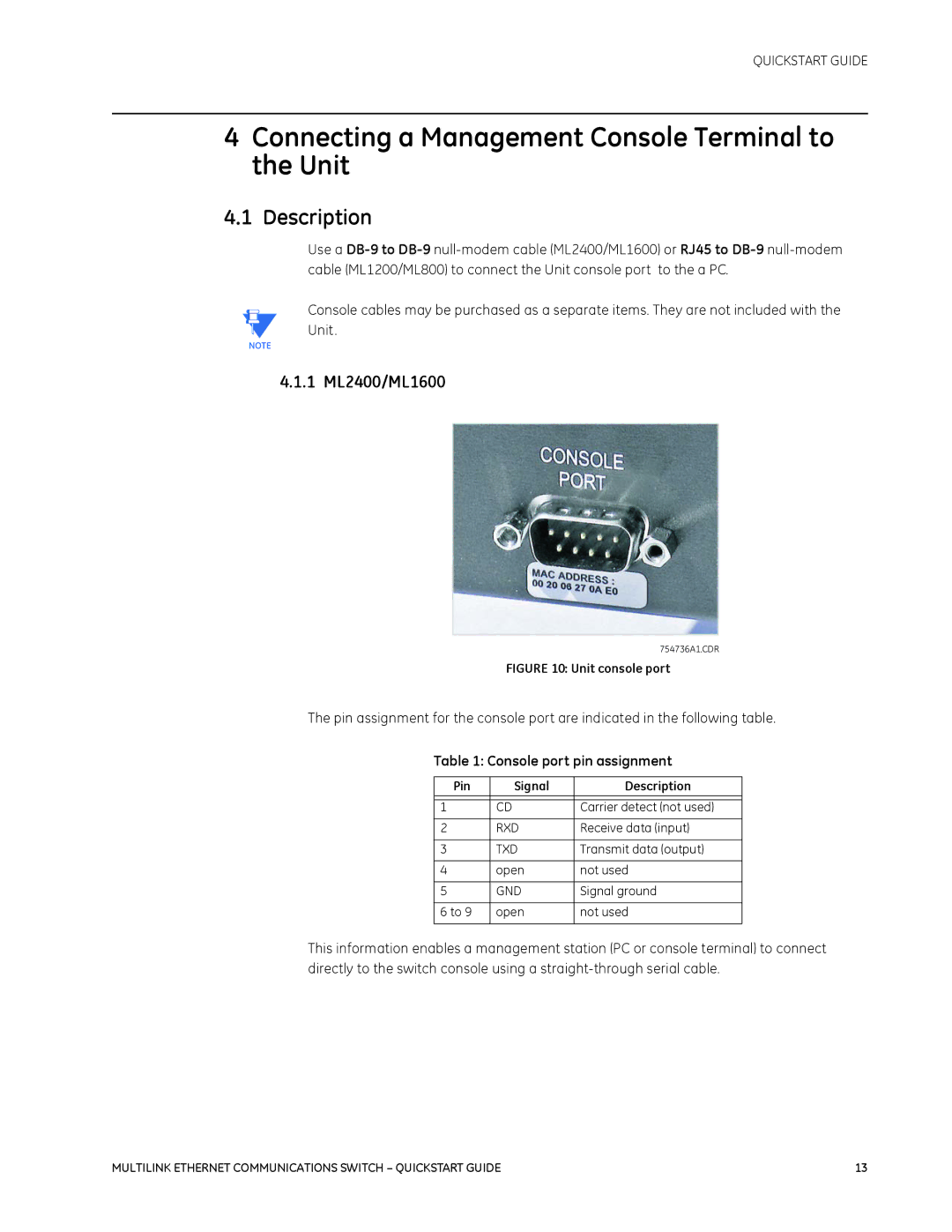 GE 1601-9026-A3 quick start Connecting a Management Console Terminal to the Unit, Description, 1 ML2400/ML1600 