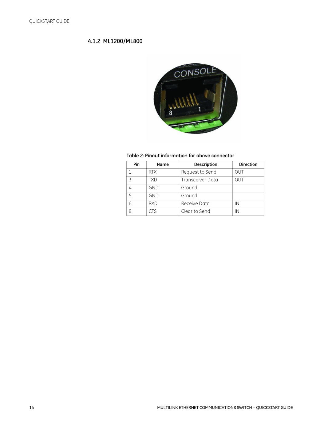 GE 1601-9026-A3 quick start 2 ML1200/ML800, Pinout information for above connector 