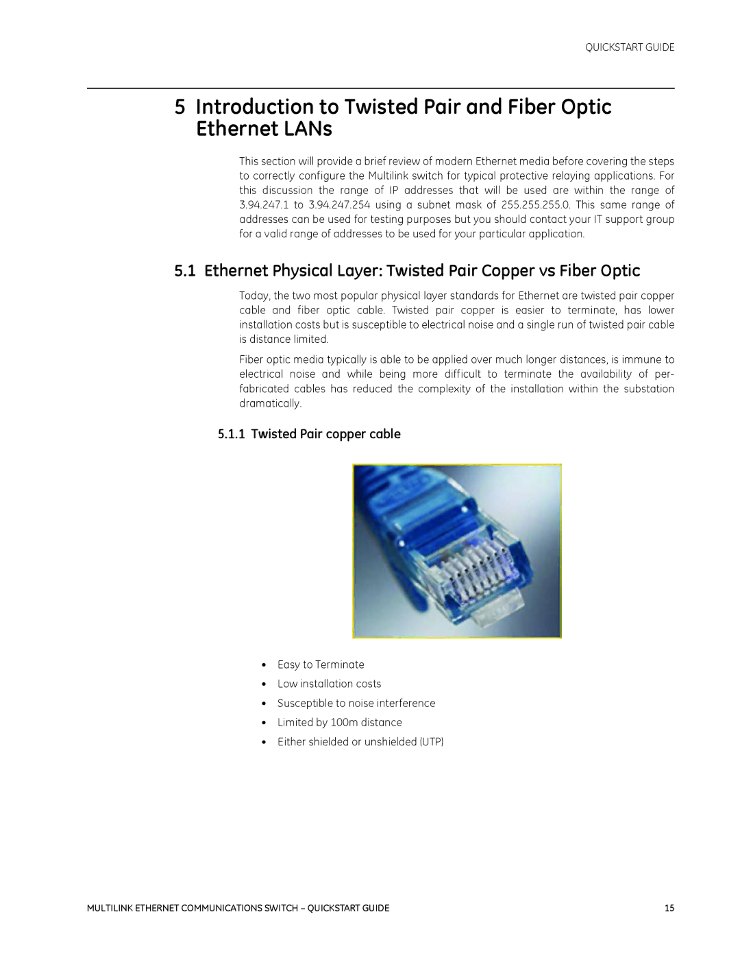 GE 1601-9026-A3 quick start Introduction to Twisted Pair and Fiber Optic Ethernet LANs, Twisted Pair copper cable 