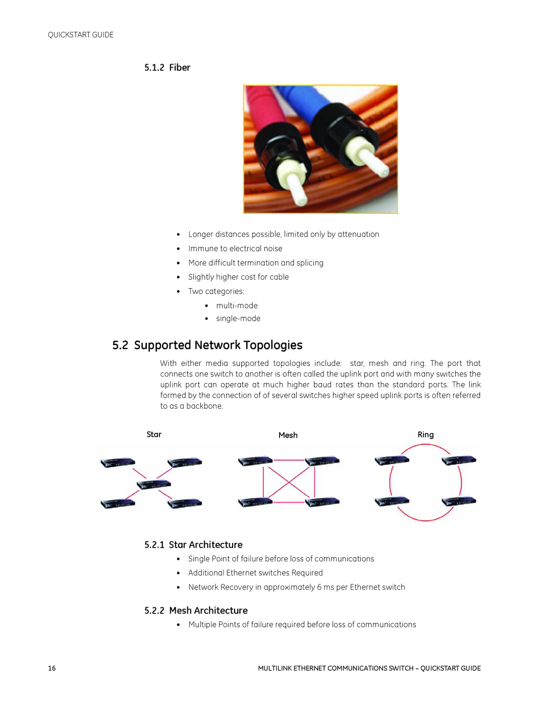 GE 1601-9026-A3 quick start Supported Network Topologies, Fiber, Star Architecture, Mesh Architecture 