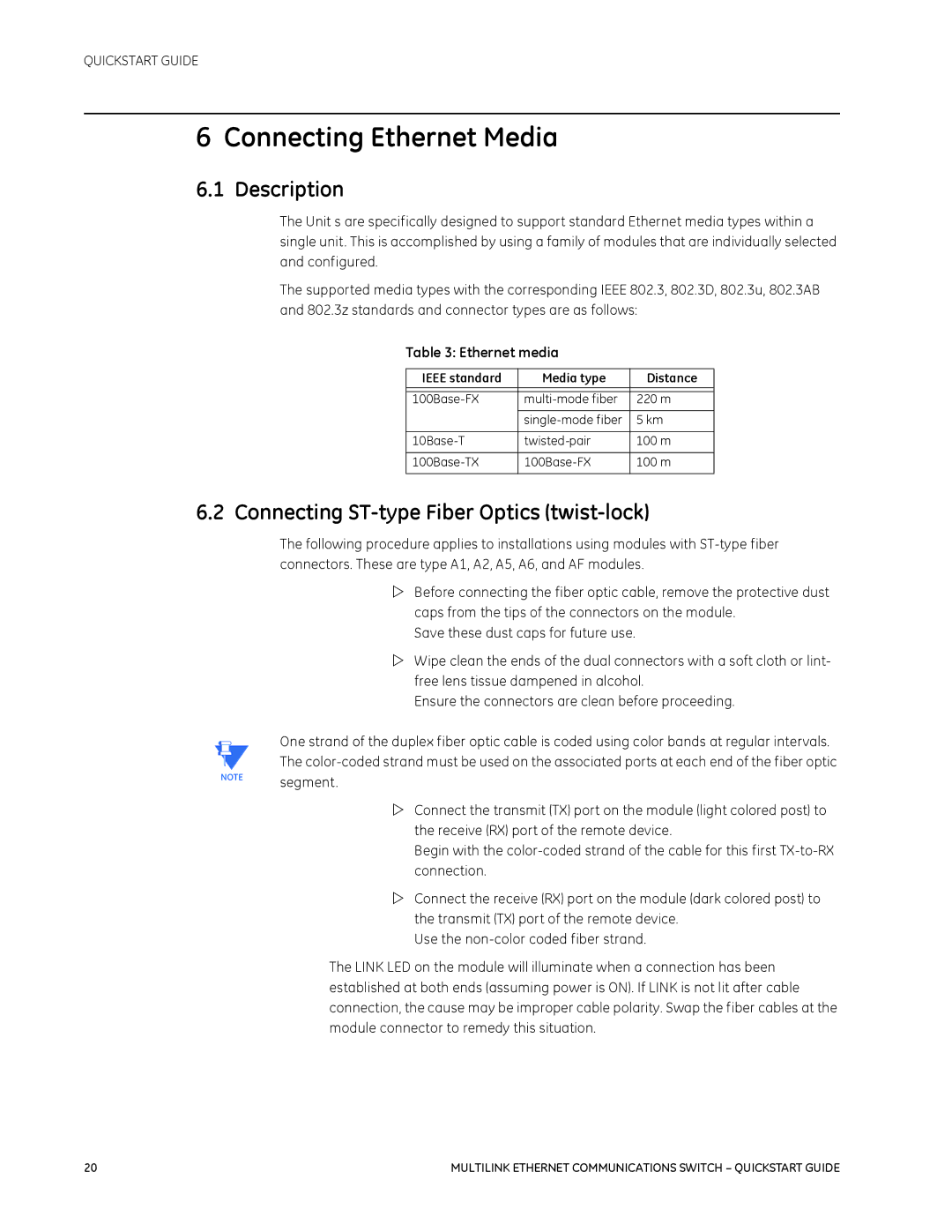 GE 1601-9026-A3 quick start Connecting Ethernet Media, Connecting ST-type Fiber Optics twist-lock 