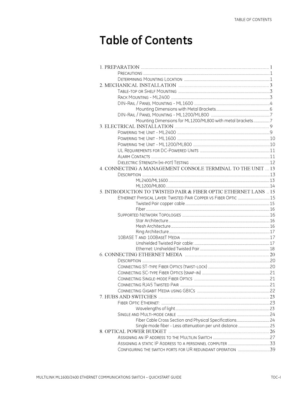 GE 1601-9026-A3 quick start Table of Contents 