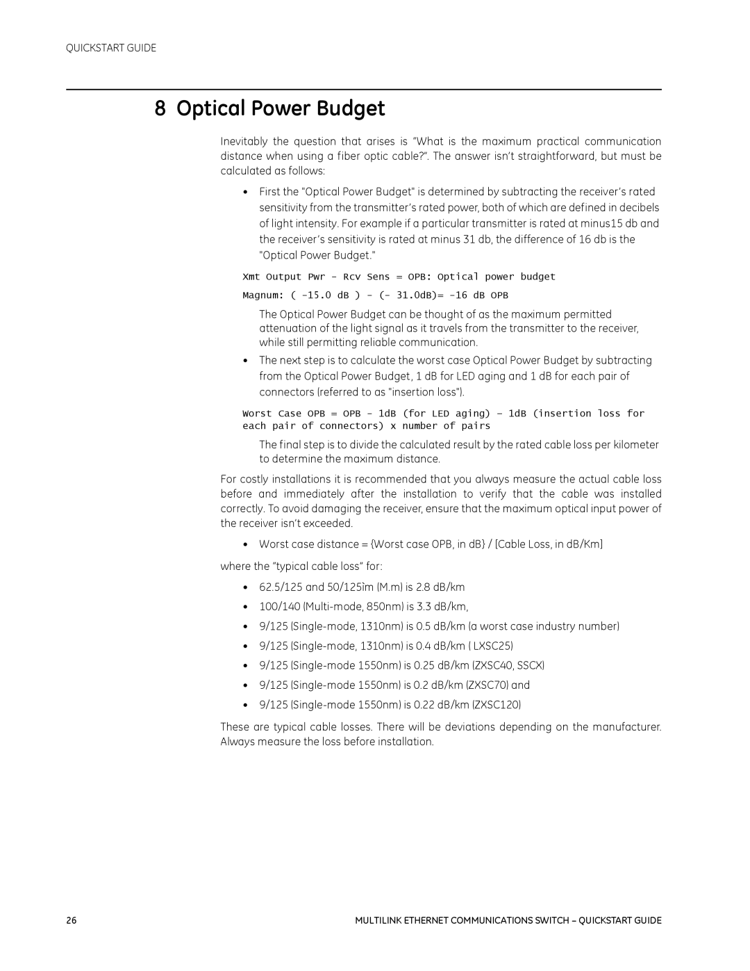 GE 1601-9026-A3 quick start Optical Power Budget 