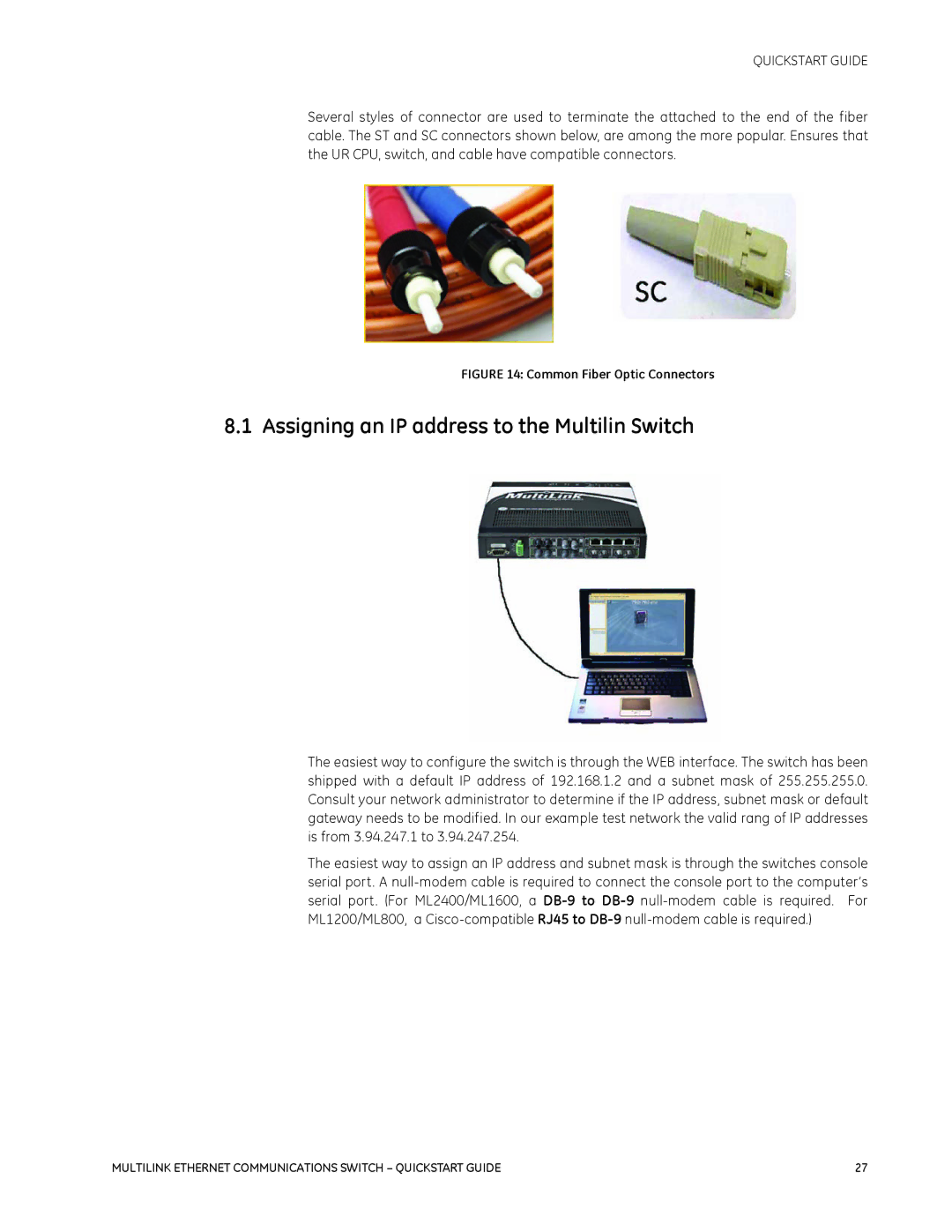 GE 1601-9026-A3 quick start Assigning an IP address to the Multilin Switch, Common Fiber Optic Connectors 