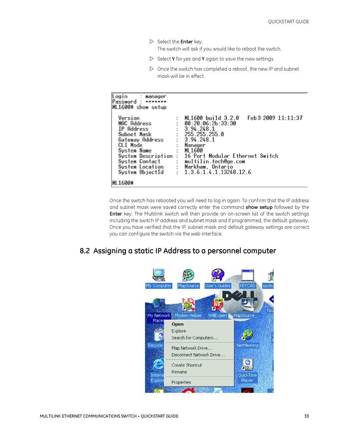 GE 1601-9026-A3 quick start Assigning a static IP Address to a personnel computer 