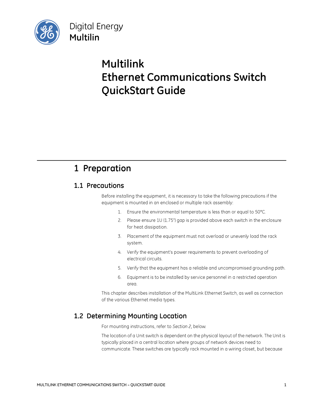 GE 1601-9026-A3 quick start Preparation, Precautions, Determining Mounting Location 