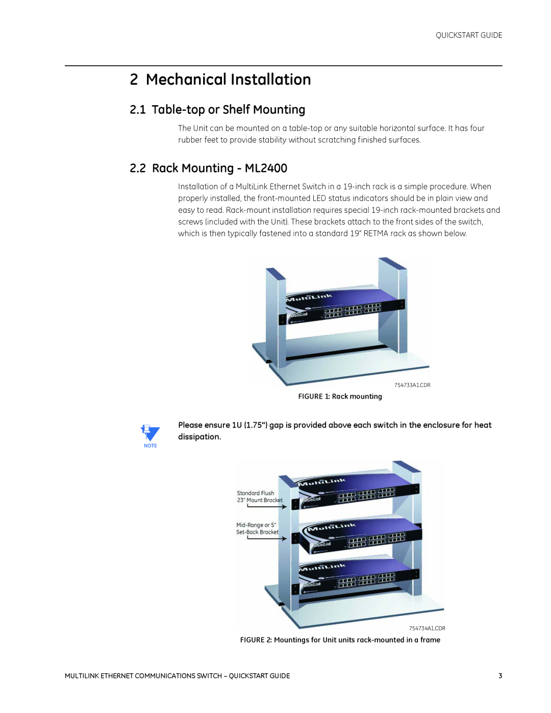 GE 1601-9026-A3 quick start Mechanical Installation, Table-top or Shelf Mounting, Rack Mounting ML2400 