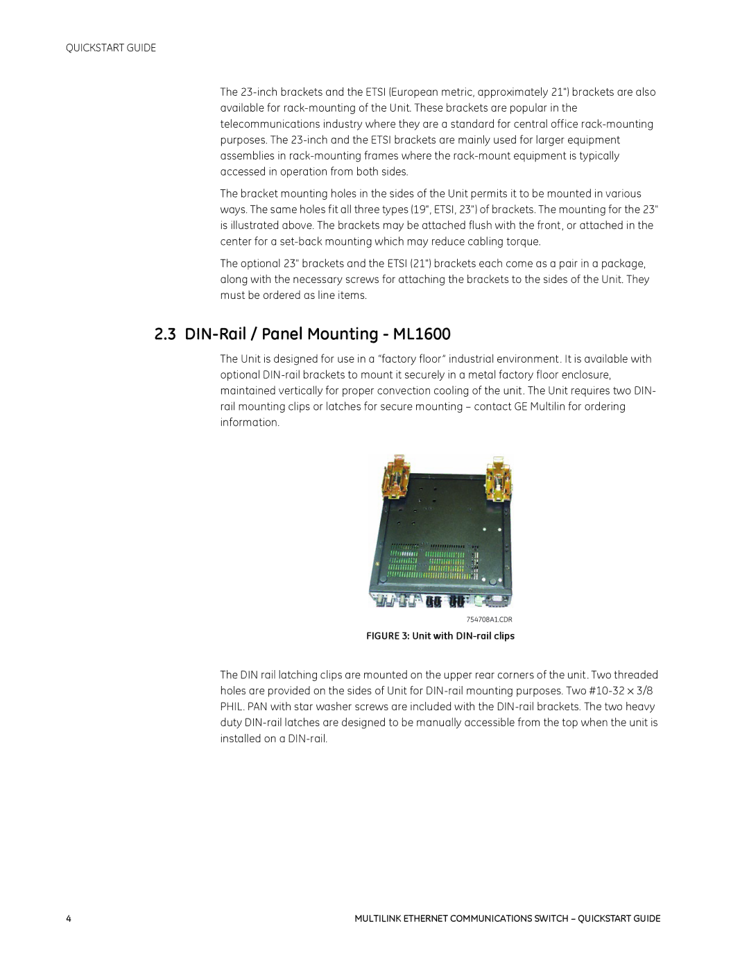 GE 1601-9026-A3 quick start DIN-Rail / Panel Mounting ML1600, Unit with DIN-rail clips 