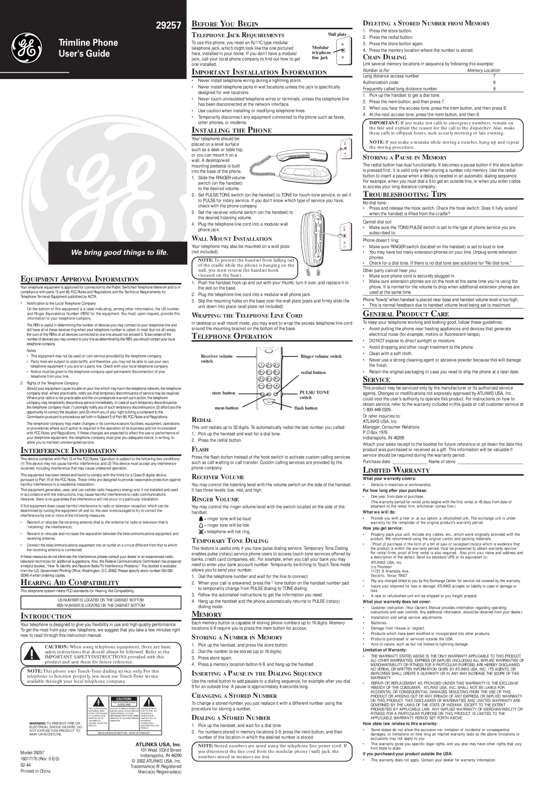 GE 16017170 warranty Equipment Approval Information, Interference Information, Hearing AID Compatibility, Introduction 