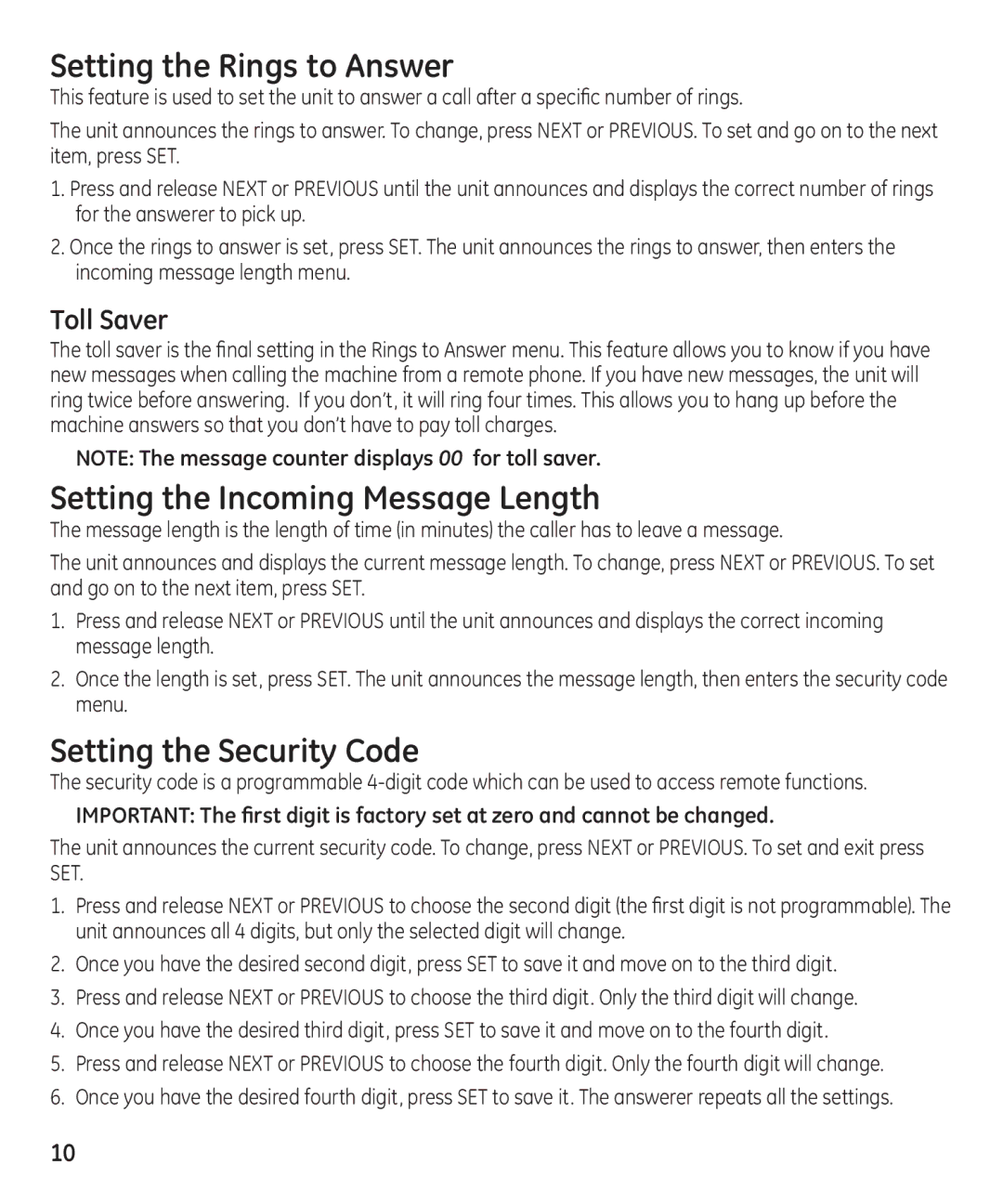 GE 16174120 manual Setting the Rings to Answer, Setting the Incoming Message Length, Setting the Security Code 