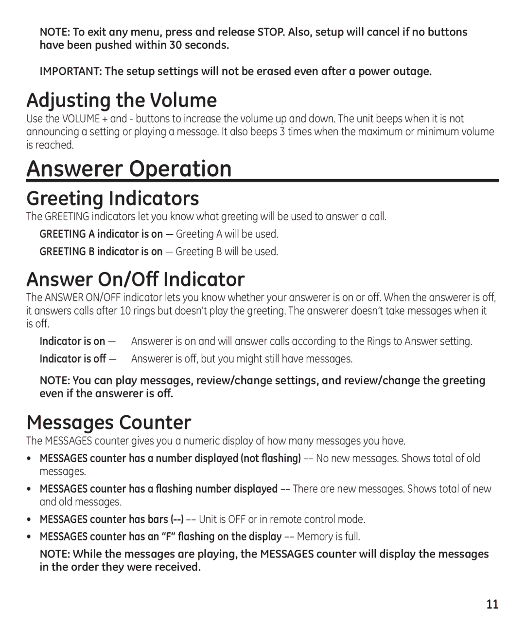 GE 16174120 manual Answerer Operation, Adjusting the Volume, Greeting Indicators, Answer On/Off Indicator, Messages Counter 