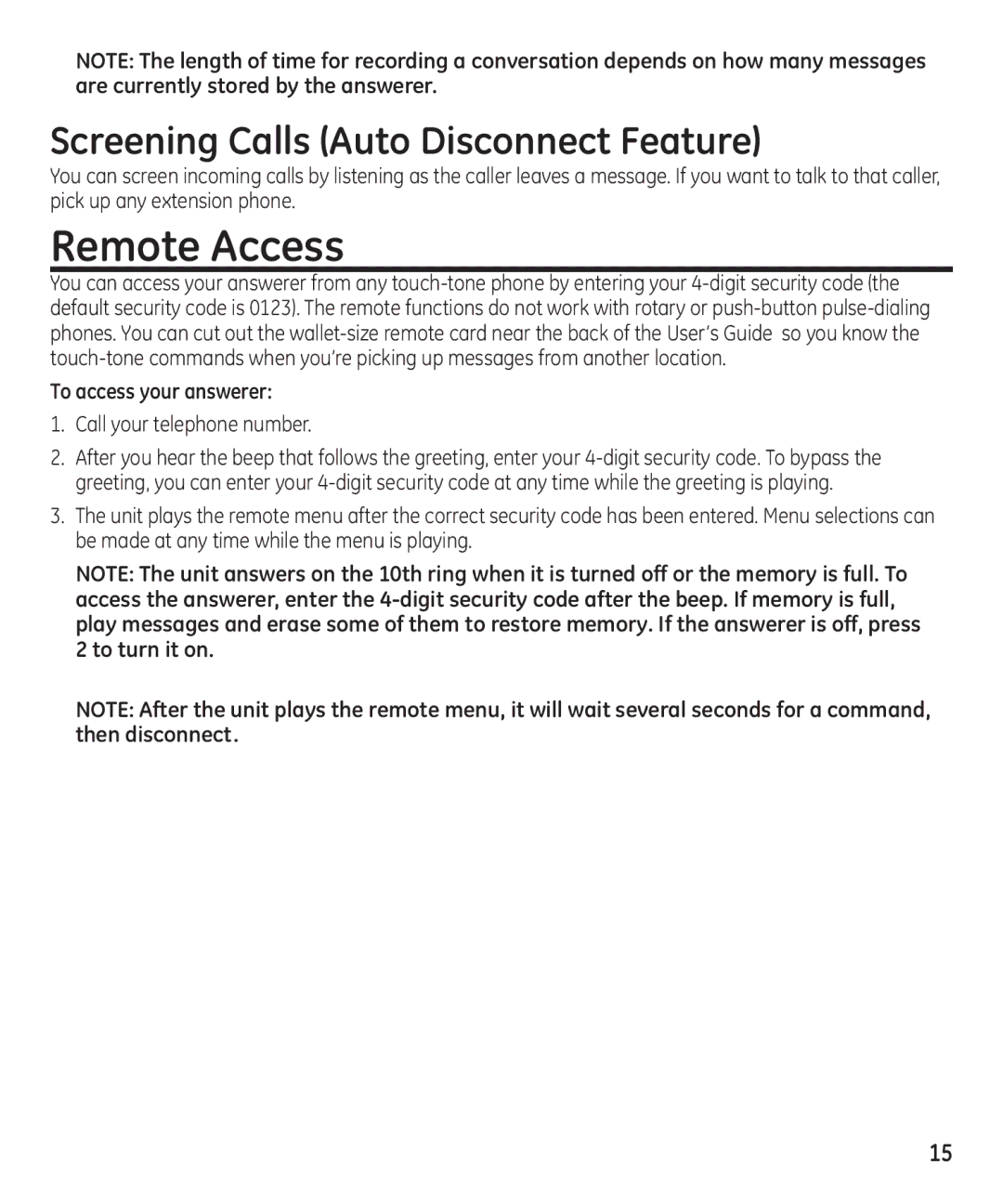 GE 16174120 Remote Access, Screening Calls Auto Disconnect Feature, To access your answerer, Call your telephone number 