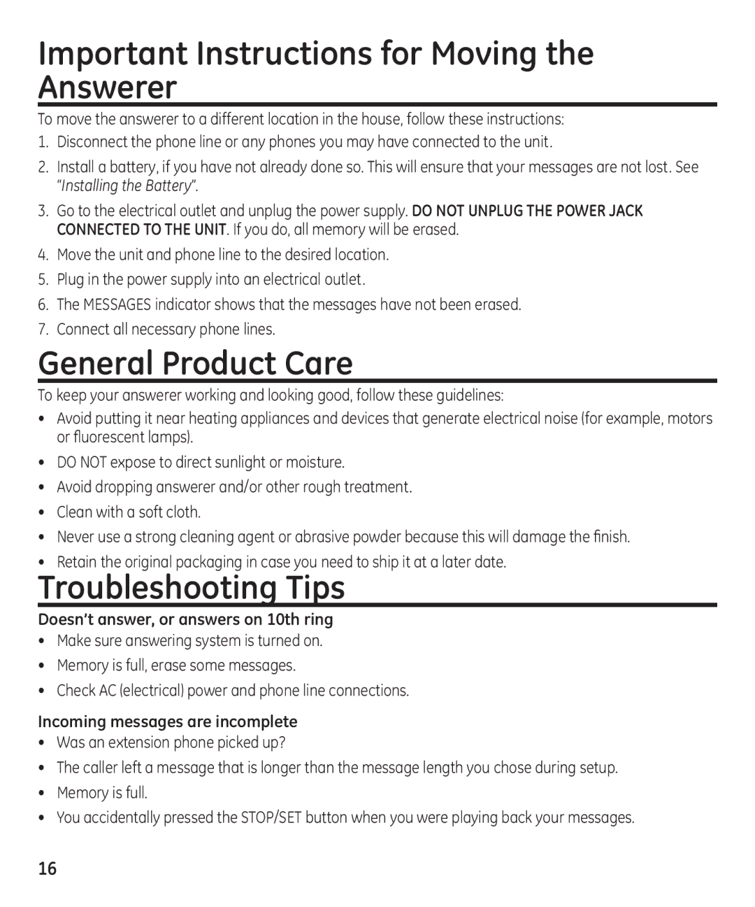 GE 16174120 manual Important Instructions for Moving the Answerer, General Product Care, Troubleshooting Tips 