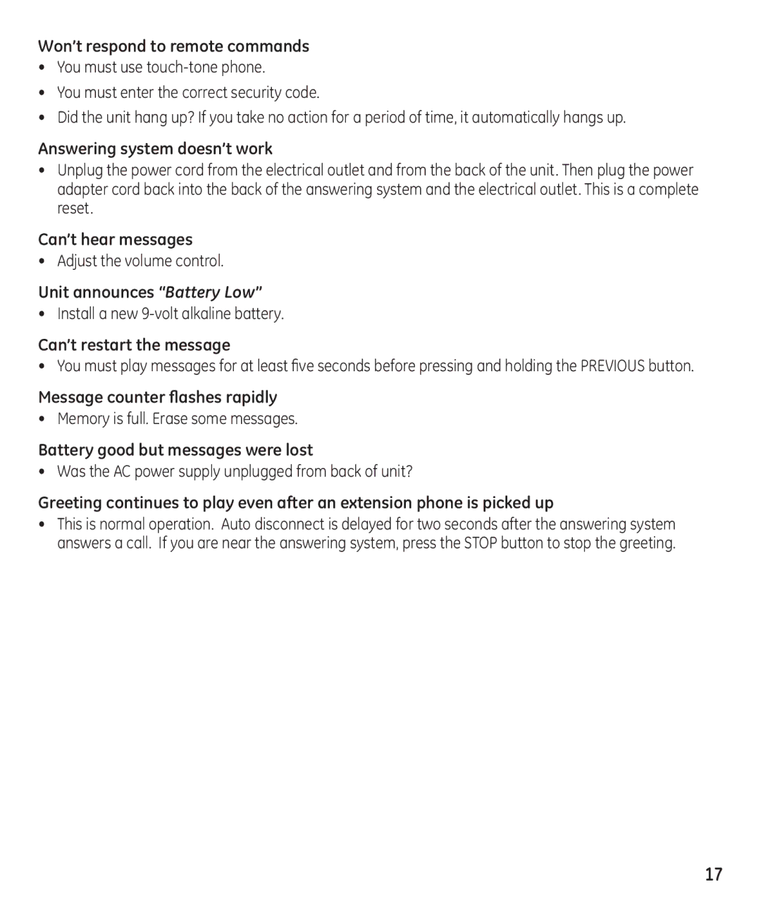 GE 16174120 manual Won’t respond to remote commands, Answering system doesn’t work, Can’t hear messages 