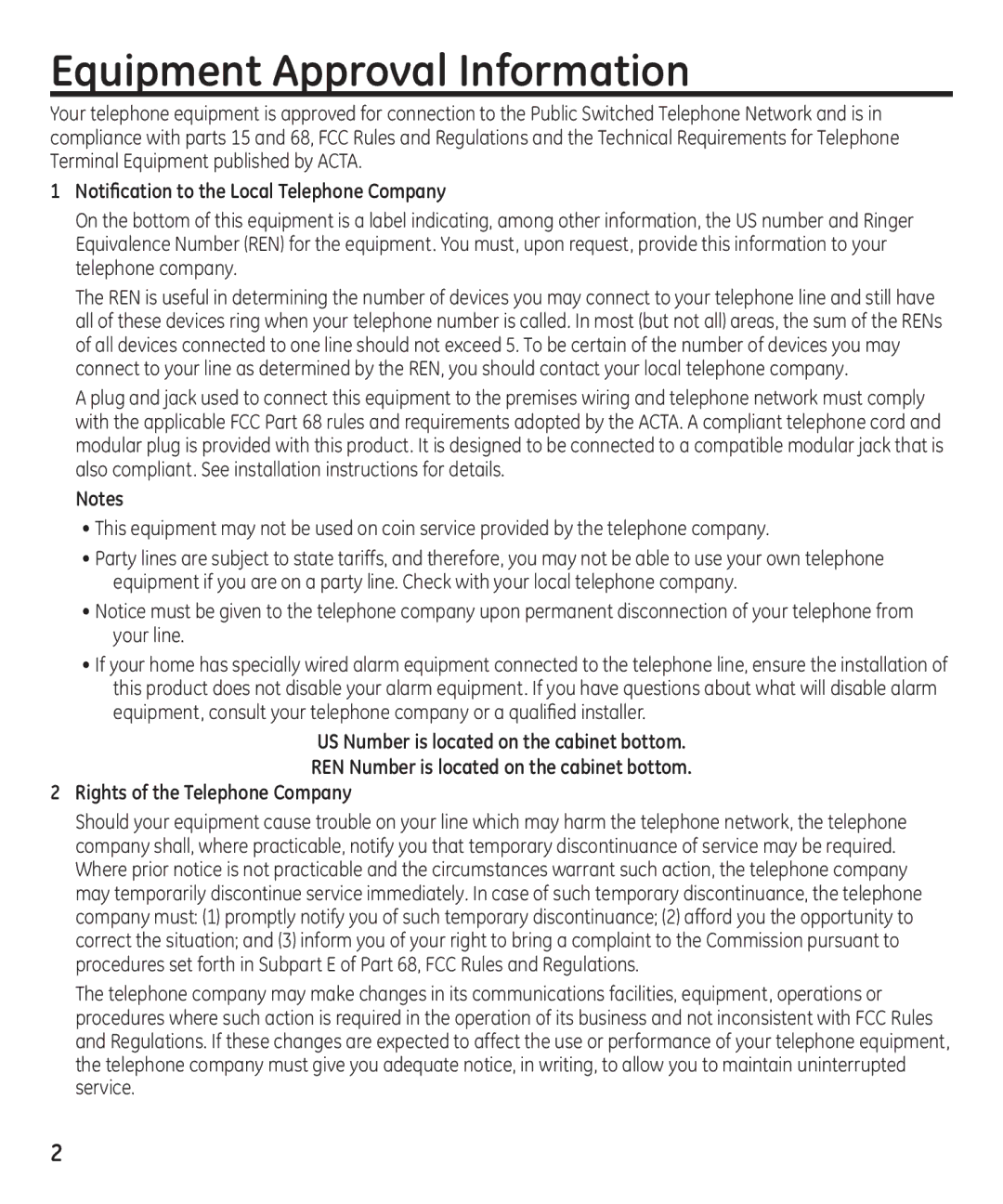 GE 16174120 manual Equipment Approval Information, Notification to the Local Telephone Company 