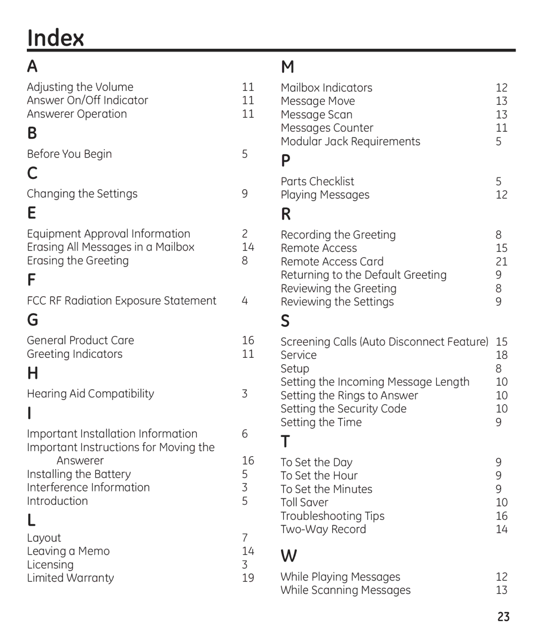 GE 16174120 manual Index 