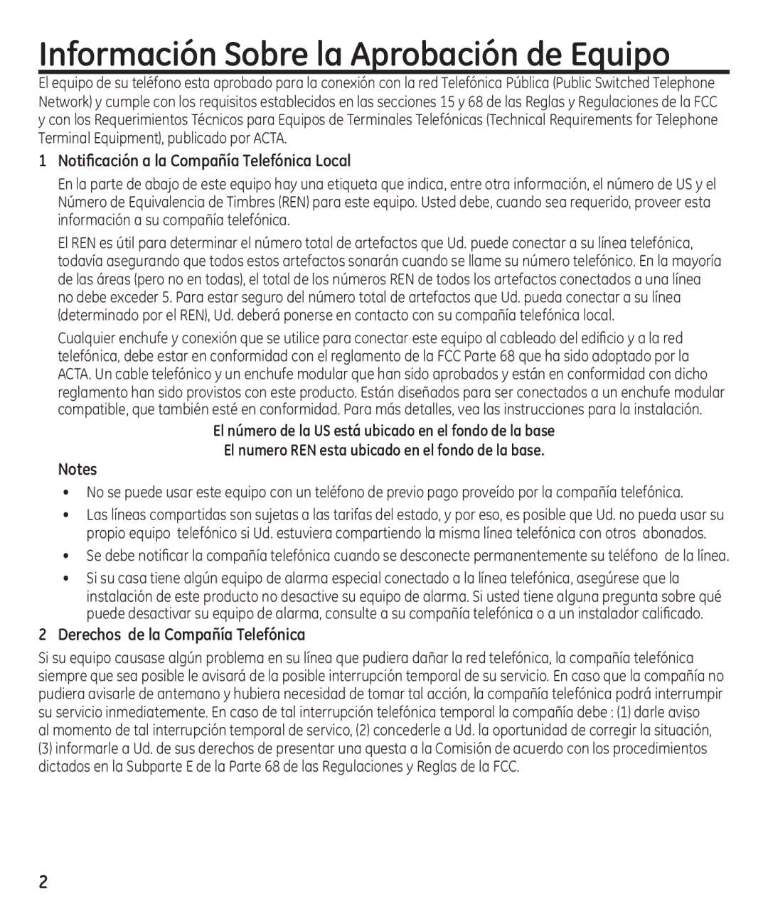 GE 16174120 manual Información Sobre la Aprobación de Equipo, Notificación a la Compañía Telefónica Local 