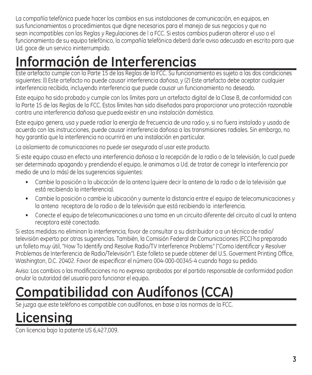 GE 16174120 manual Información de Interferencias, Compatibilidad con Audífonos CCA 