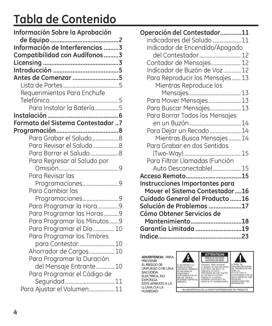 GE 16174120 manual Tabla de Contenido 