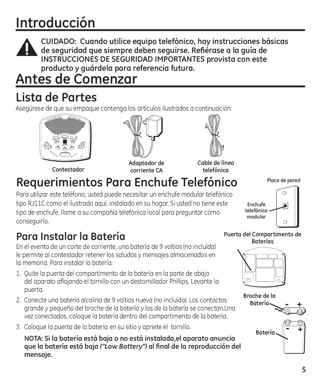 GE 16174120 manual Introducción, Antes de Comenzar, Lista de Partes, Para Instalar la Batería 