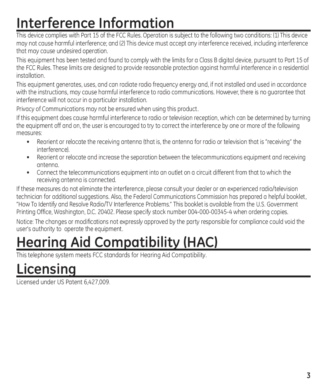 GE 16174120 manual Interference Information, Hearing Aid Compatibility HAC, Licensing 