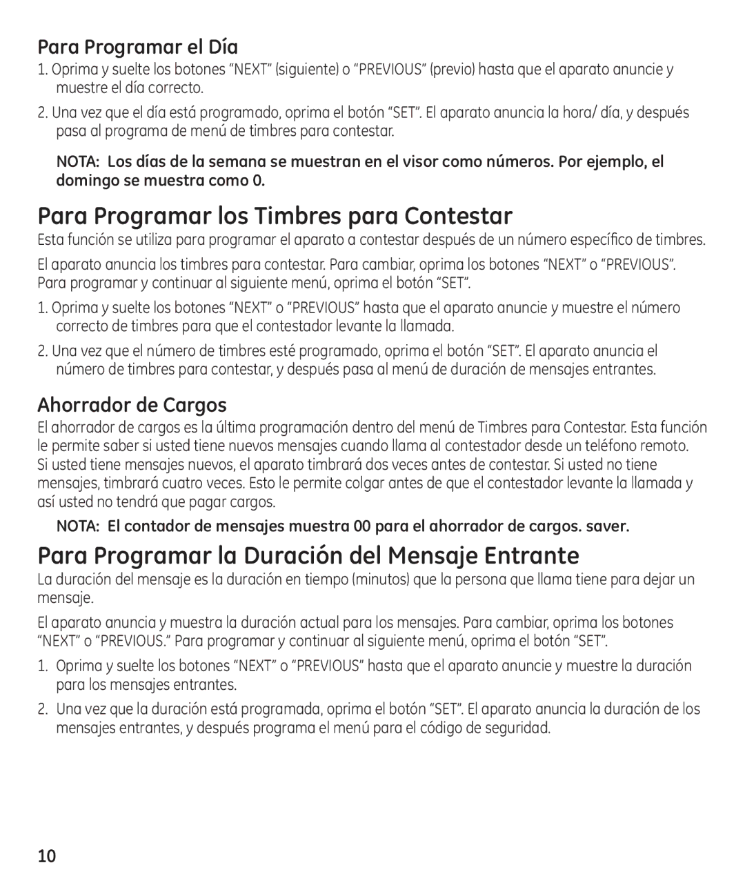 GE 16174120 manual Para Programar los Timbres para Contestar, Para Programar la Duración del Mensaje Entrante 