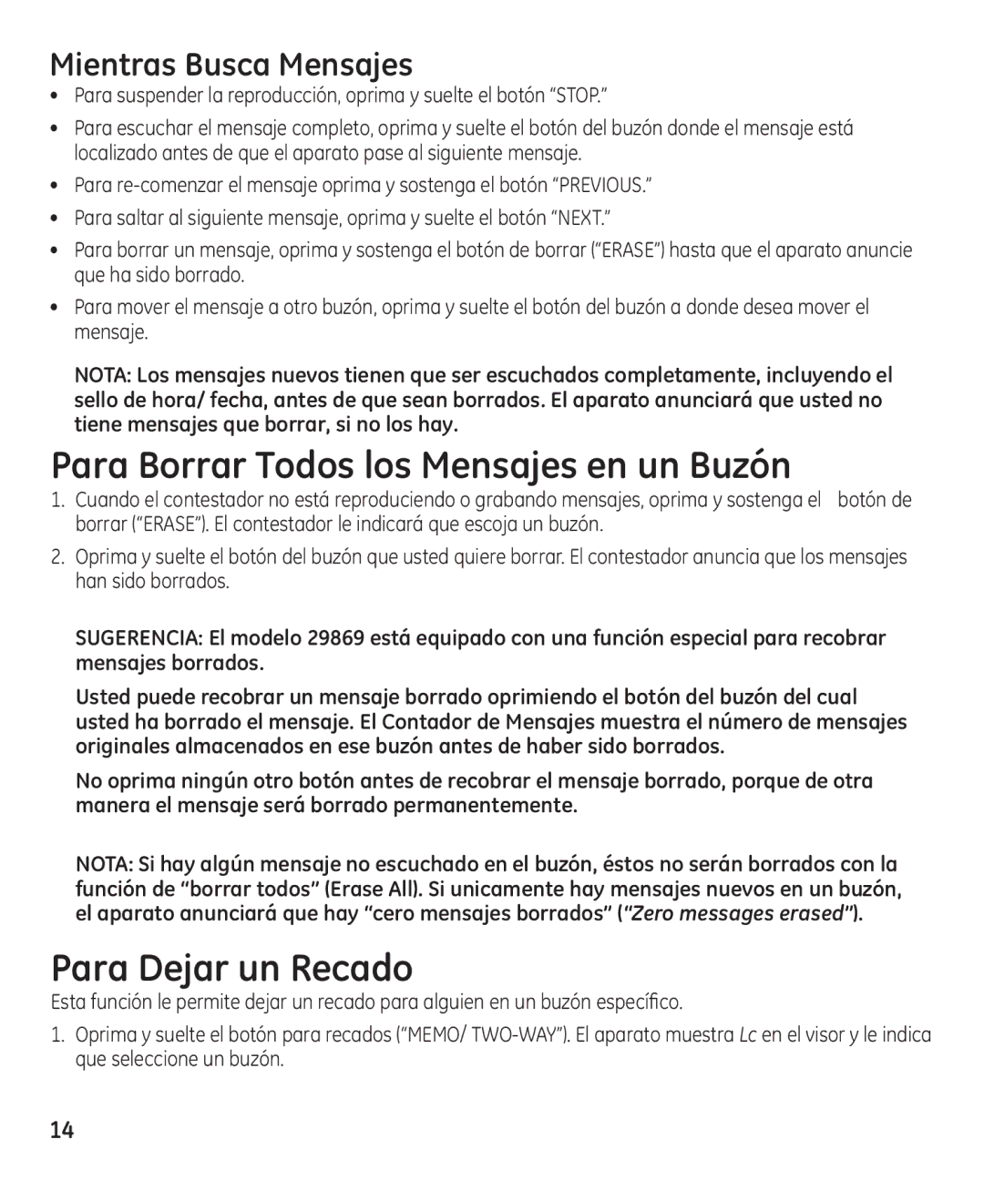 GE 16174120 manual Para Borrar Todos los Mensajes en un Buzón, Para Dejar un Recado, Mientras Busca Mensajes 