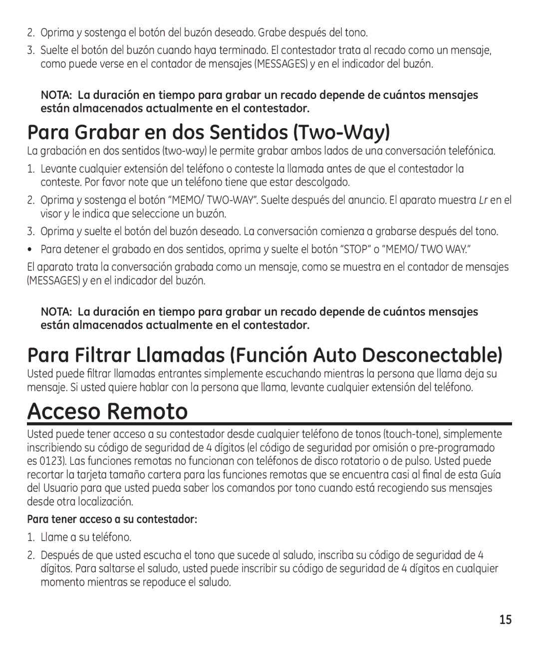 GE 16174120 manual Acceso Remoto, Para Grabar en dos Sentidos Two-Way, Para tener acceso a su contestador 