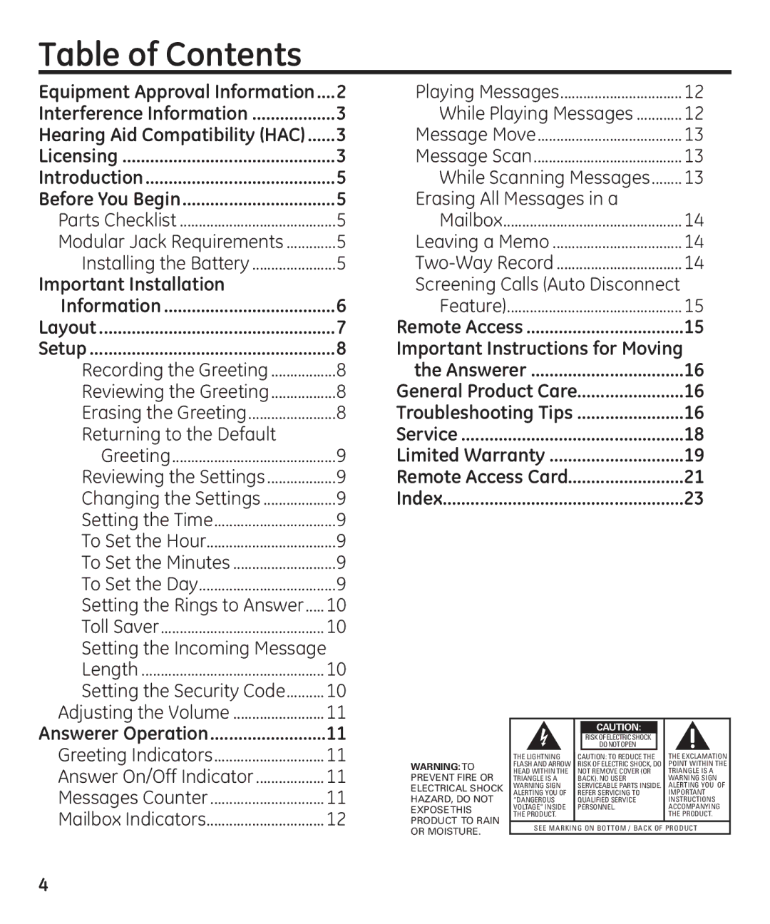 GE 16174120 manual Table of Contents 