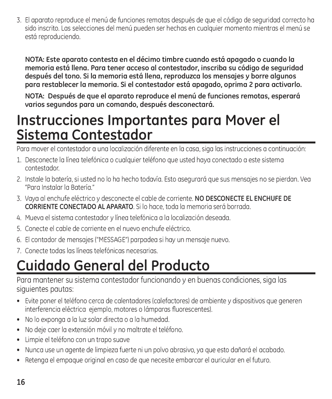 GE 16174120 manual Instrucciones Importantes para Mover el Sistema Contestador, Cuidado General del Producto 