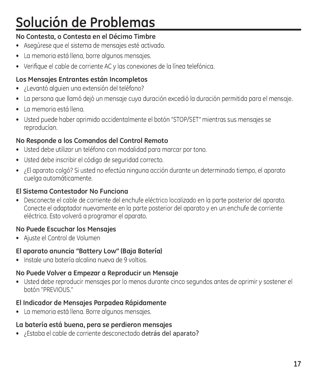 GE 16174120 manual Solución de Problemas 