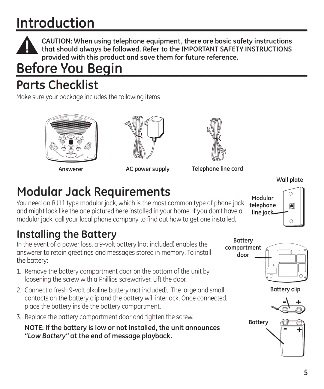 GE 16174120 manual Introduction Before You Begin, Parts Checklist, Modular Jack Requirements, Installing the Battery 