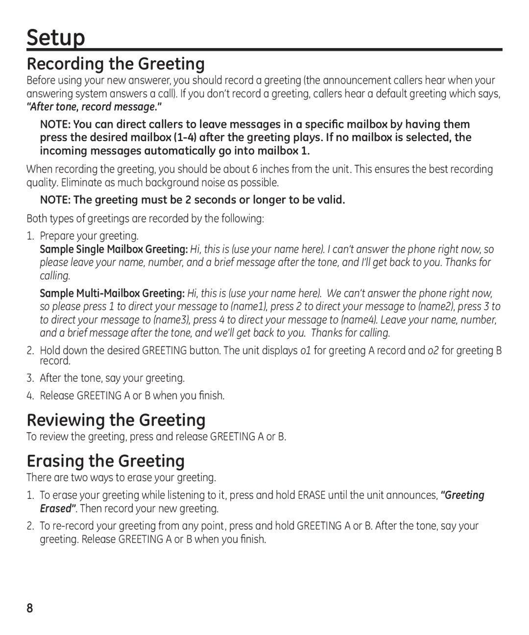 GE 16174120 manual Setup, Recording the Greeting, Reviewing the Greeting, Erasing the Greeting 