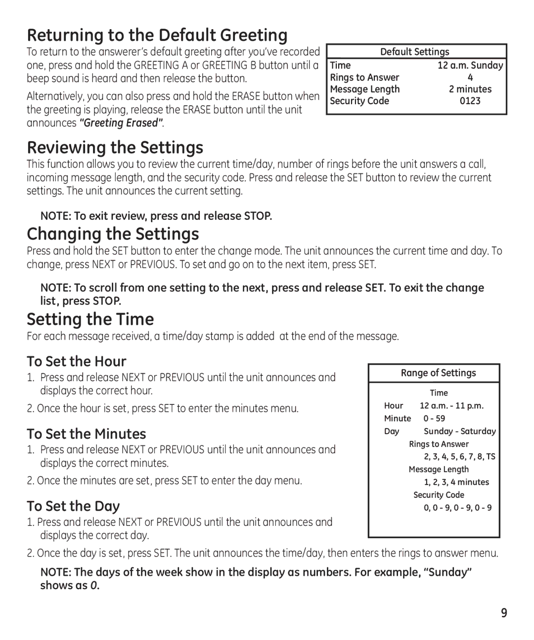 GE 16174120 manual Returning to the Default Greeting, Reviewing the Settings, Changing the Settings, Setting the Time 