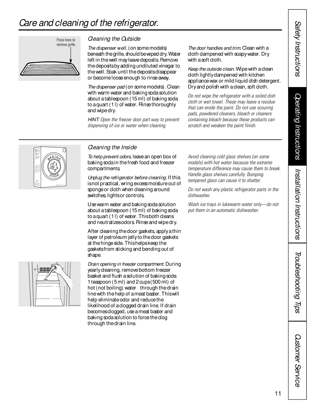 GE 16207744P008 owner manual Care and cleaning of the refrigerator, Cleaning the Outside, Cleaning the Inside, Safety 