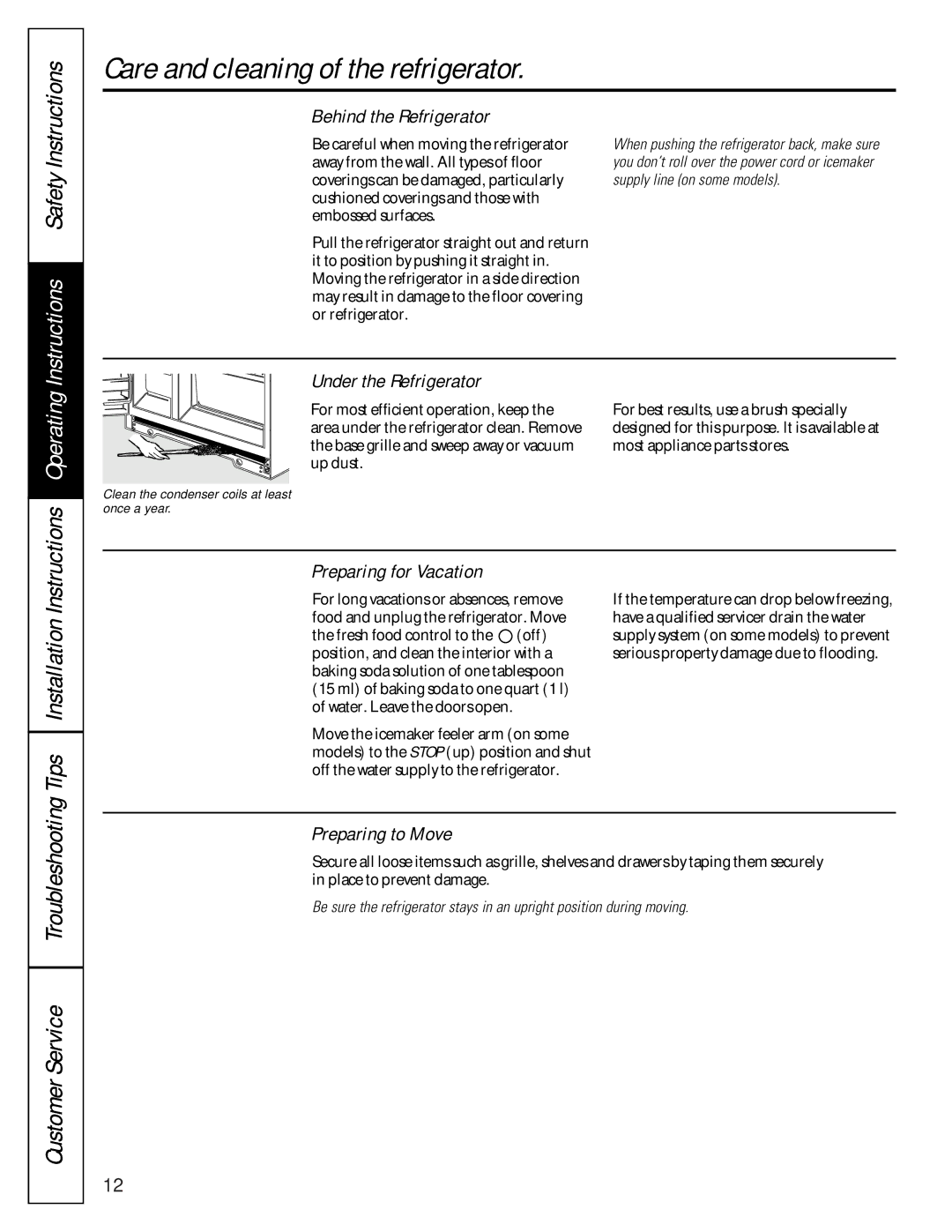 GE 16207744P008 owner manual TroubleshootingTips CustomerService, Behind the Refrigerator, Preparing to Move 