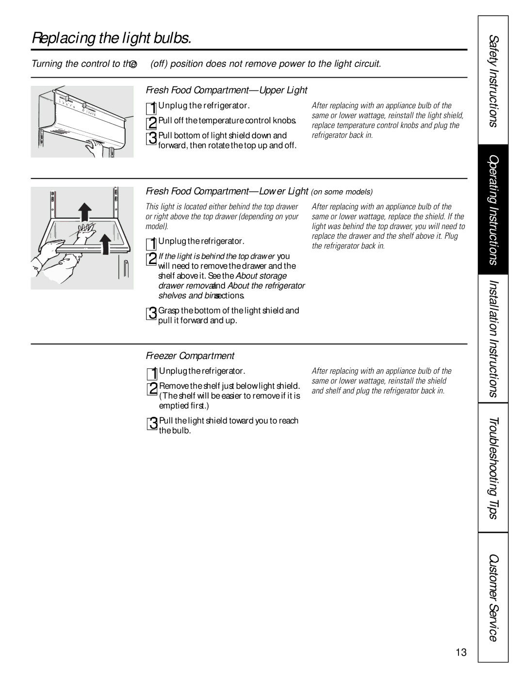 GE 16207744P008 Replacing the light bulbs, Instructions Installation, Safety Instructions Operating, Freezer Compartment 