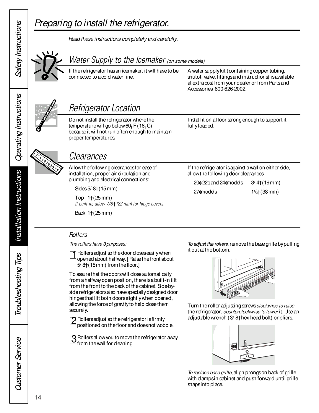 GE 16207744P008 owner manual Preparing to install the refrigerator, Refrigerator Location, Clearances, Rollers 