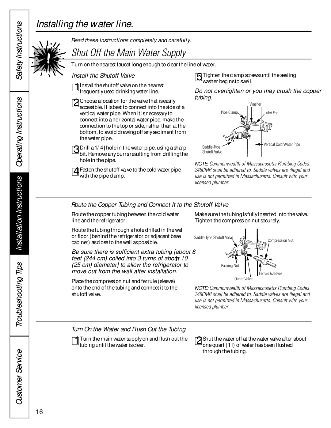 GE 16207744P008 owner manual Shut Off the Main Water Supply, SafetyInstructions, OperatingInstructions 