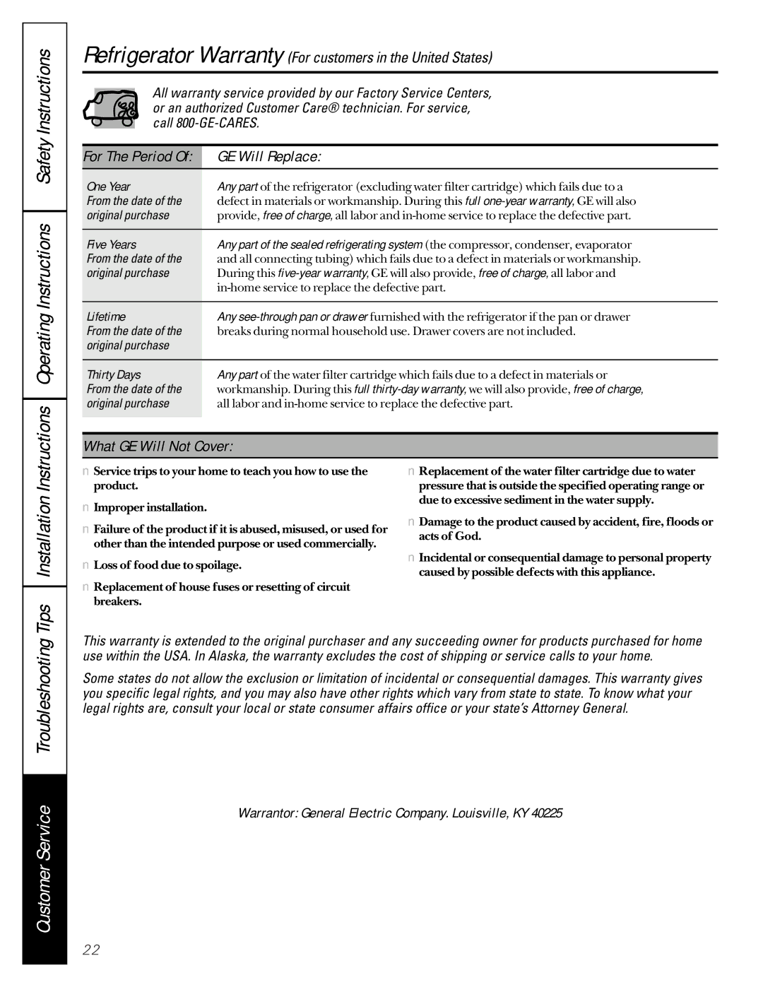 GE 16207744P008 OperatingInstructions SafetyInstructions, Customer Service, GE Will Replace, What GE Will Not Cover 