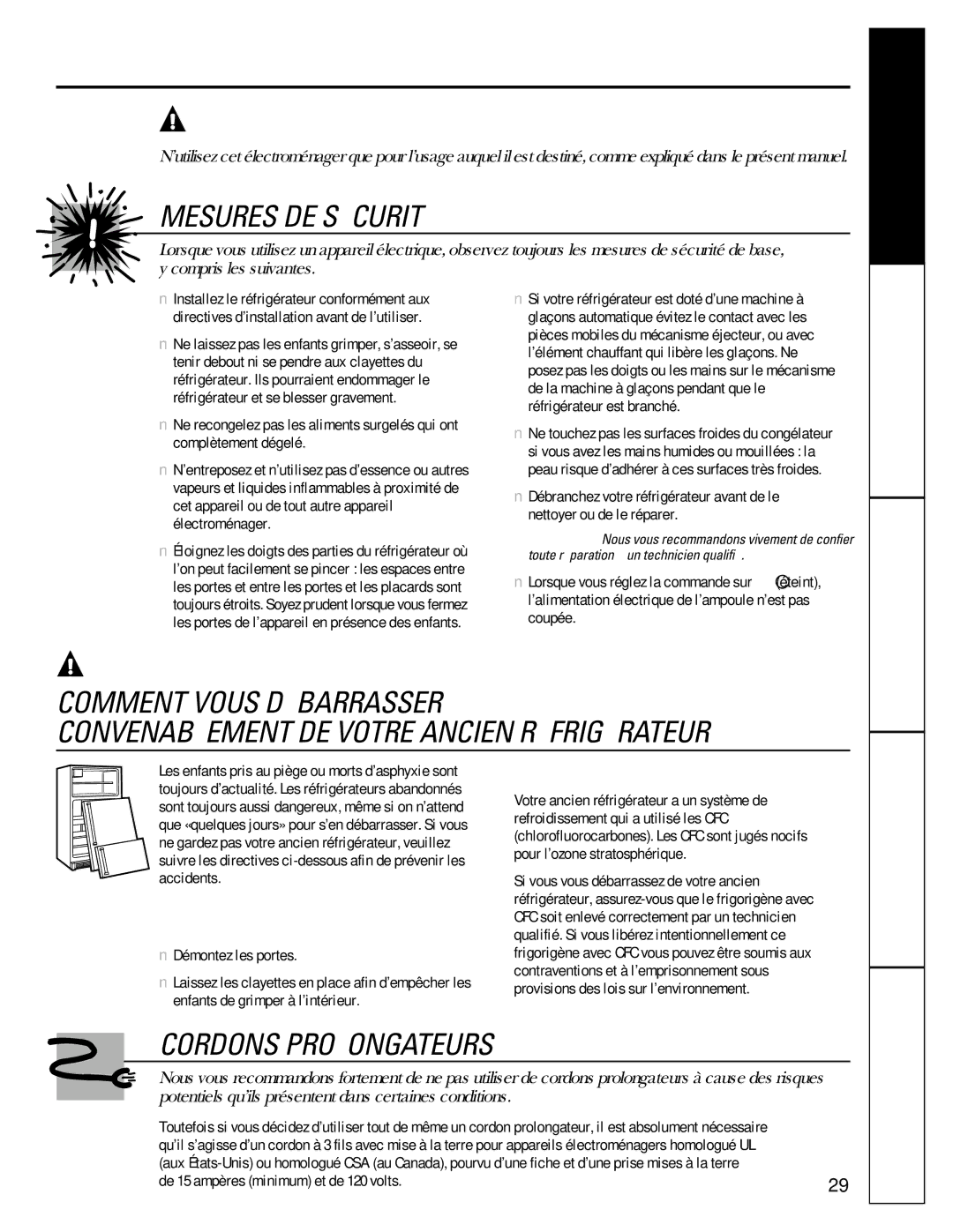 GE 16207744P008 owner manual Mesures de sécurité, La clientèle, Conseils de dépannage Service, Se débarrasser du CFC 