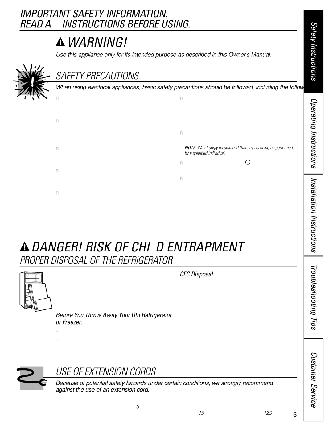 GE 16207744P008 Safety Instructions, Troubleshooting Tips, Before You Throw Away Your Old Refrigerator or Freezer 