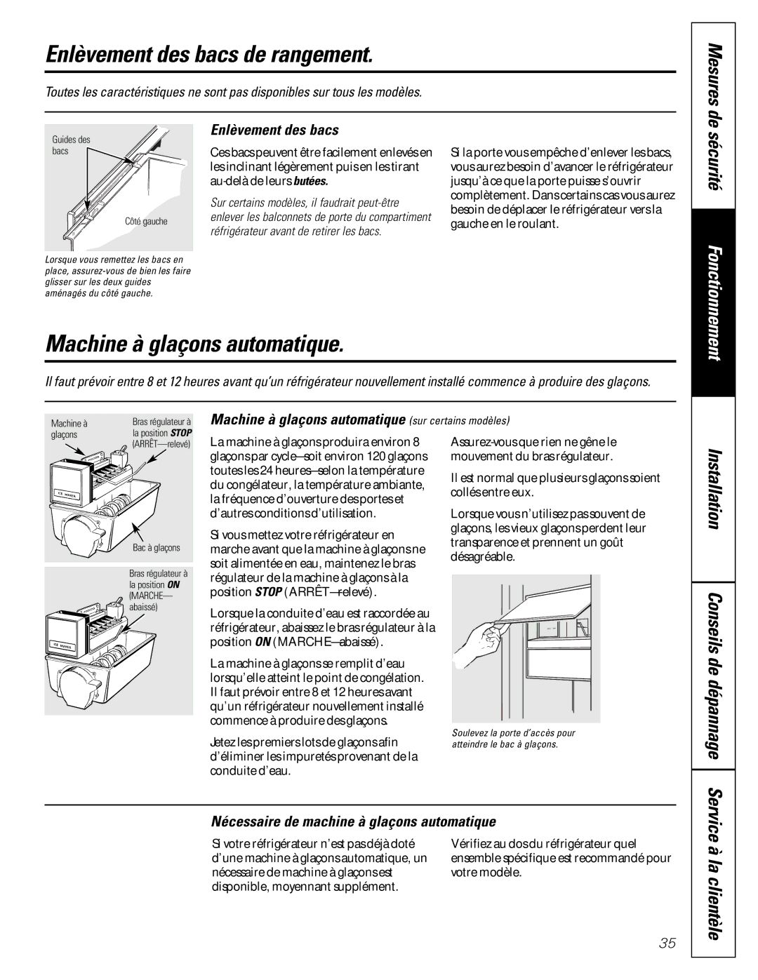 GE 16207744P008 owner manual Enlèvement des bacs de rangement, Machine à glaçons automatique 