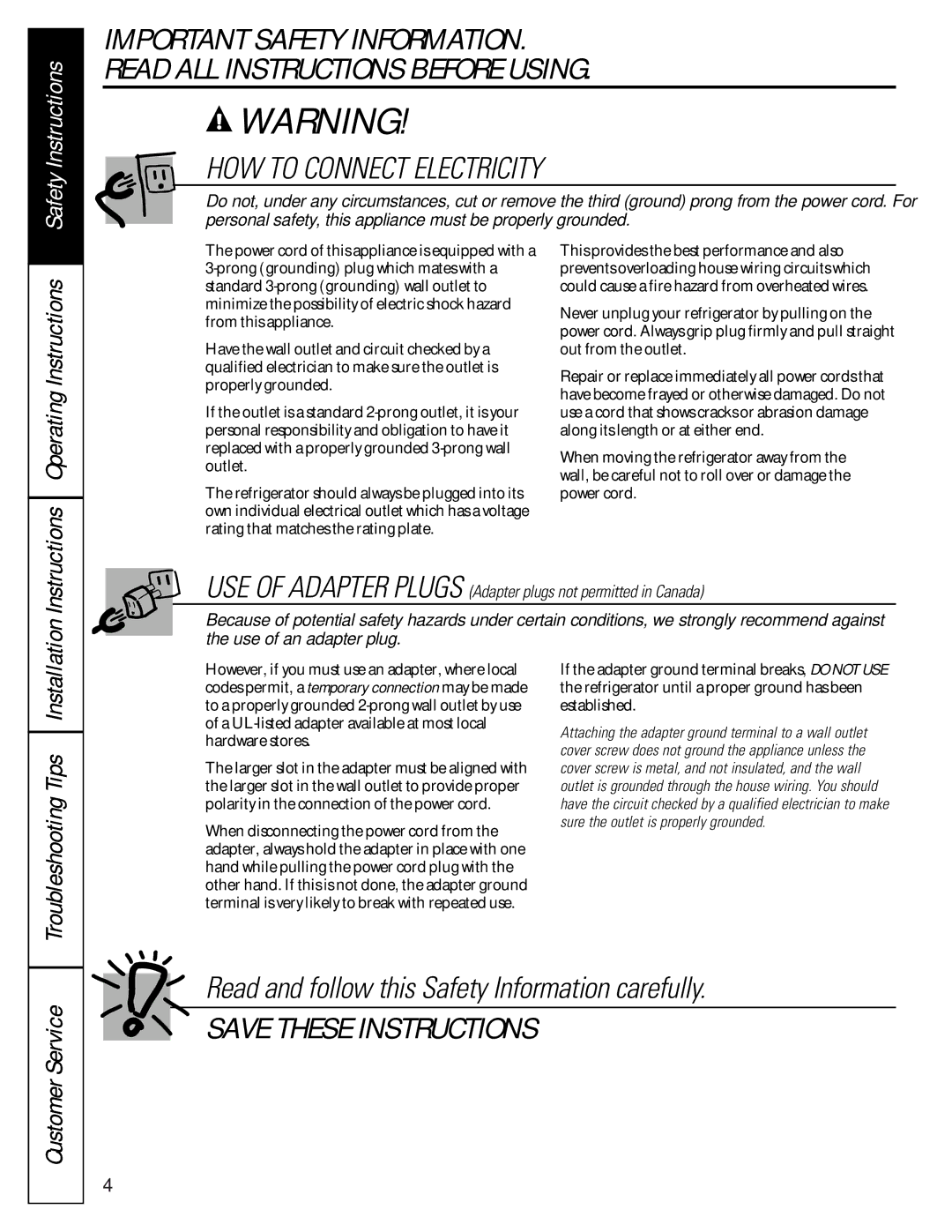 GE 16207744P008 owner manual OperatingInstructions, TroubleshootingTips, CustomerService 